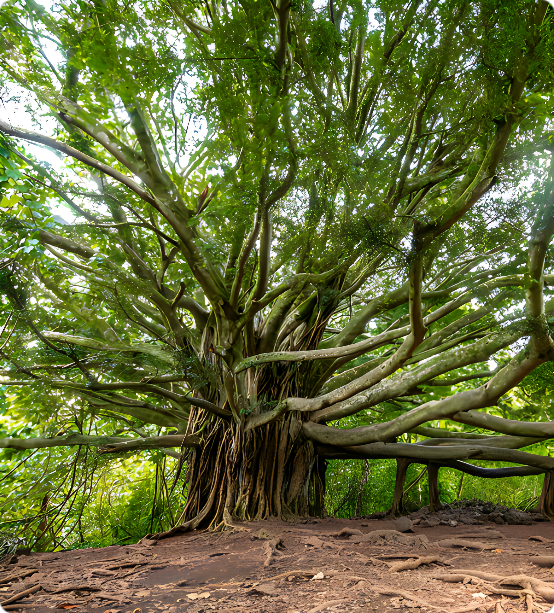Large tree with sprawling branches and roots.